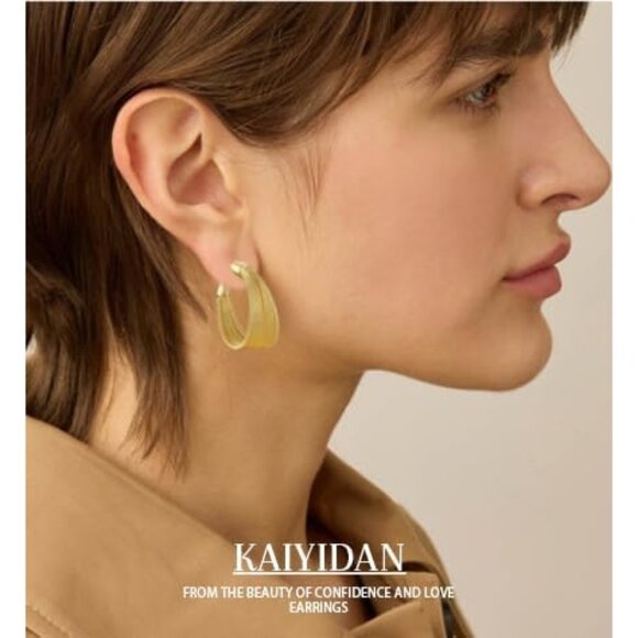 Women's 14K Gold Plated Chunky Dangle Hoop Earring Statement Thick Gold Brushed - Picture 9 of 9